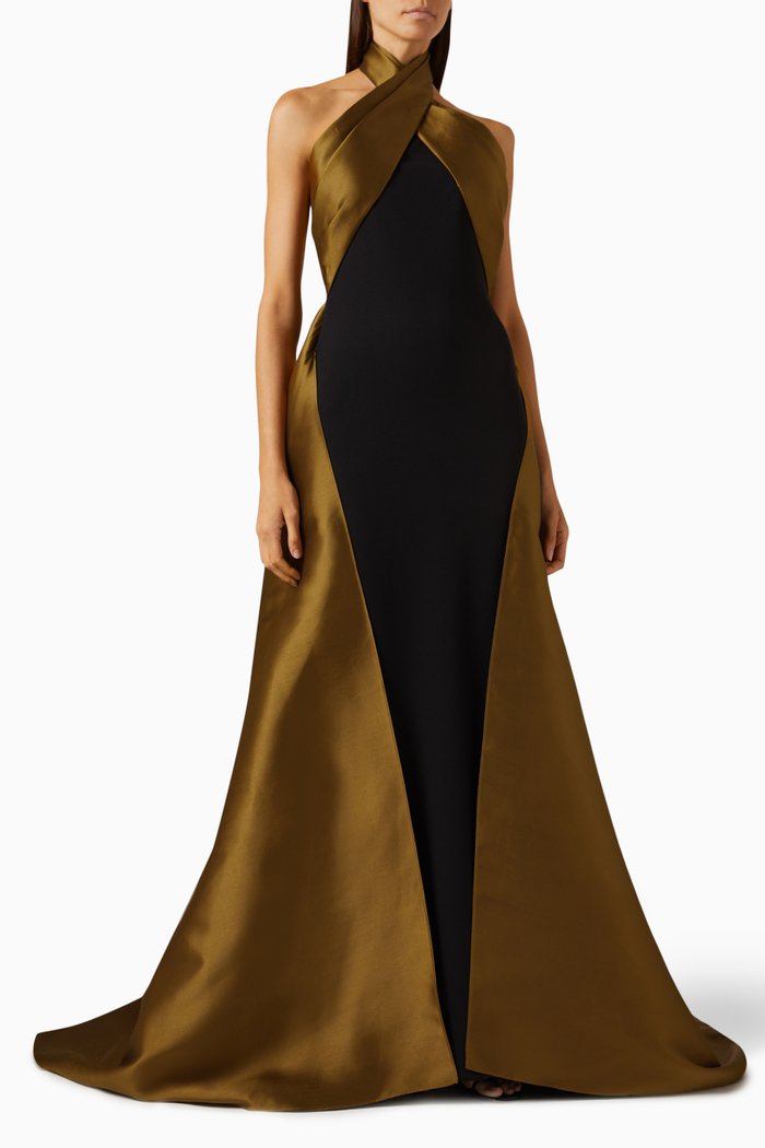 

Rumi Halterneck Maxi Dress in Twill & Crepe-knit, Gold