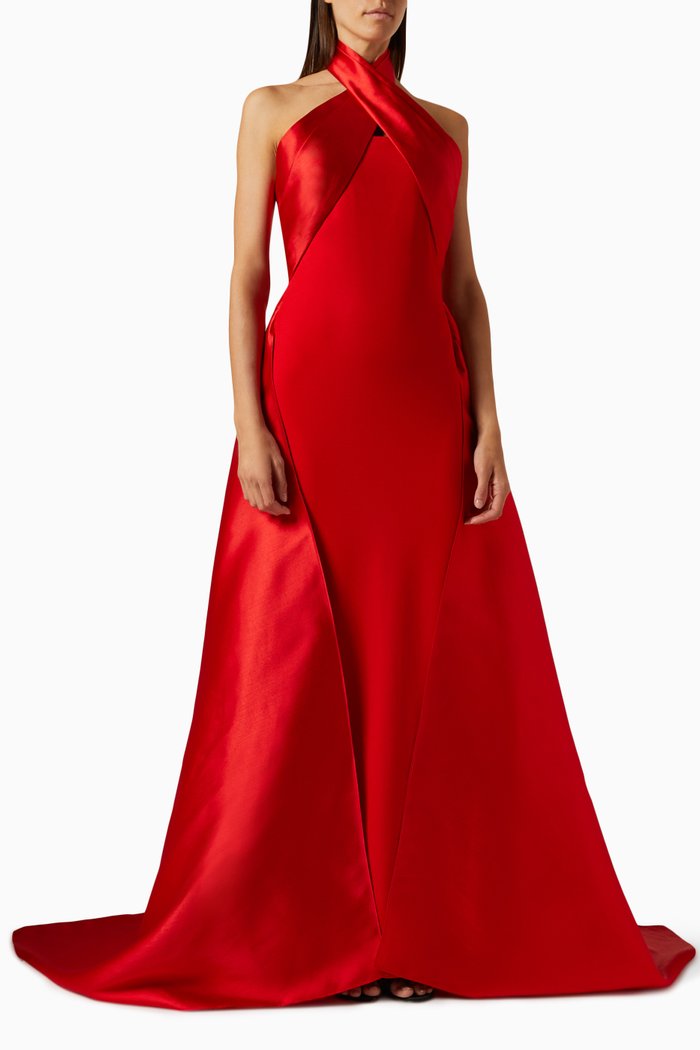 

Rumi Halterneck Maxi Dress in Twill & Crepe-knit, Red