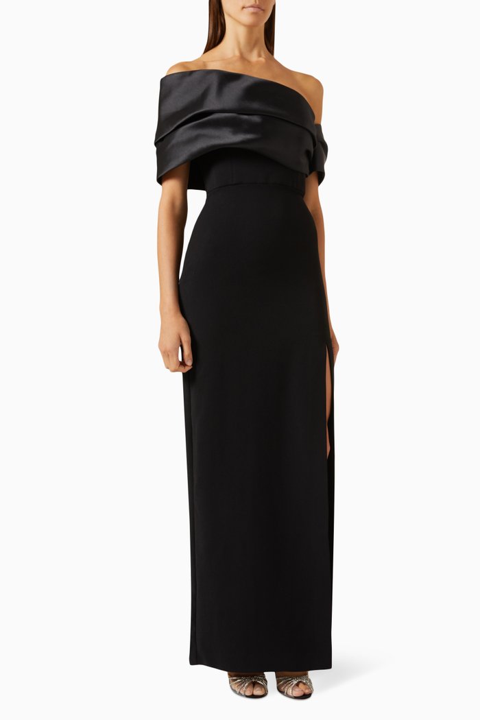 

Alexis Off-shoulder Maxi Dress in Twill & Woven Crepe, Black