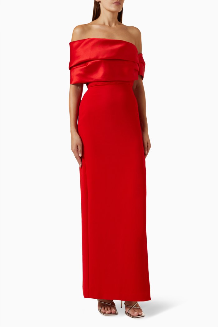 

Alexis Off-shoulder Maxi Dress in Twill & Woven Crepe, Red