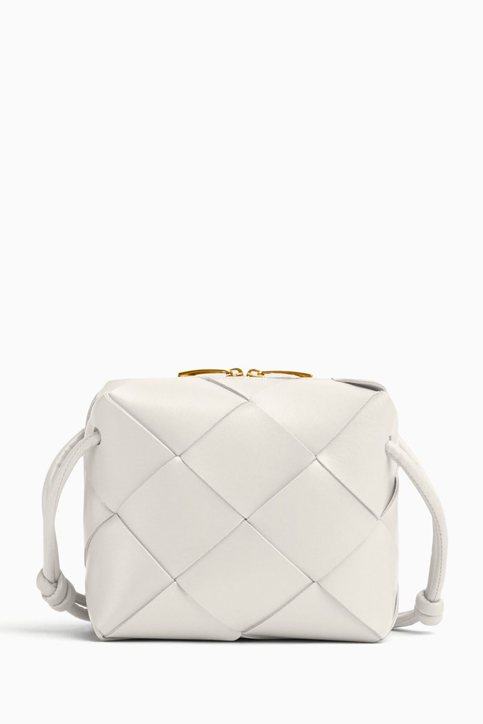

Mini Cassette Camera Crossbody Bag in Intreccio Leather, White
