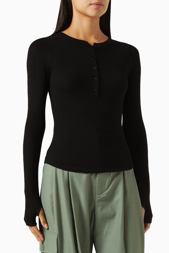 

Baseball Henley Top in Viscose-knit, Black