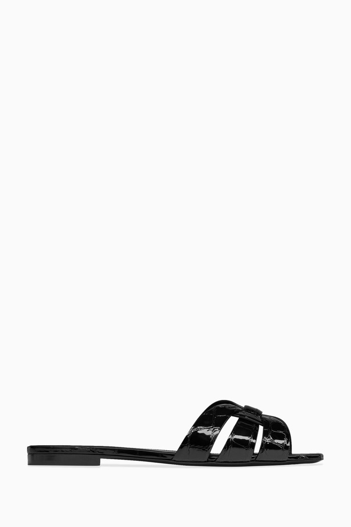 

Tribute Flat Sandals in Croc-embossed Leather, Black