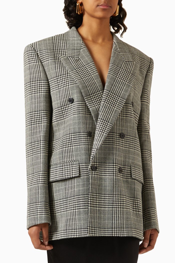 

Oversized Double-breasted Blazer in Prince of Wales Wool, Grey