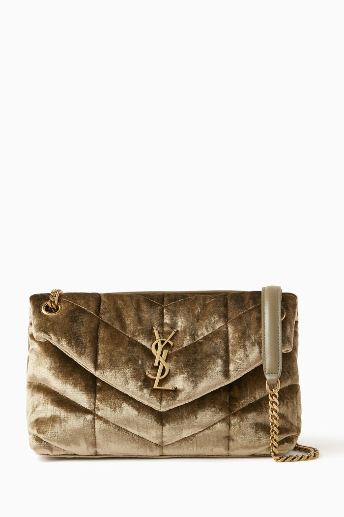

Small Quilted Puffer Shoulder Bag in Shiny Velvet, Green