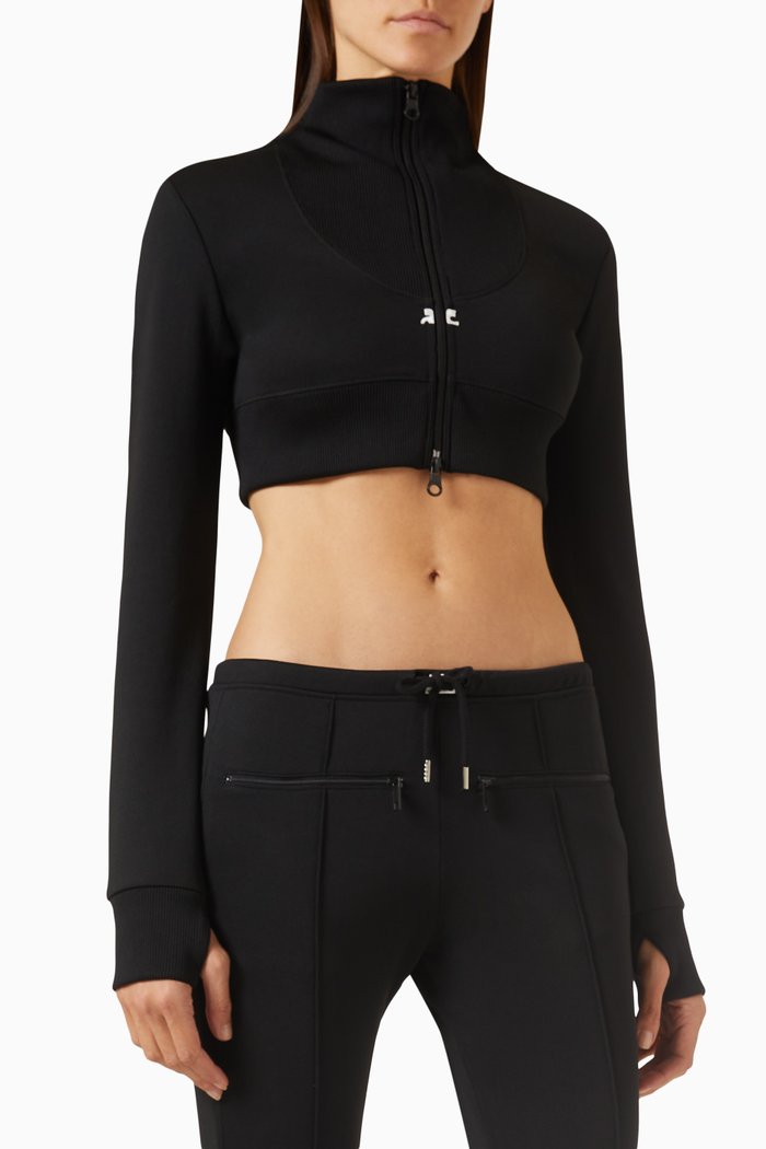 Cropped Tracksuit Jacket in Jersey Fabric, Black