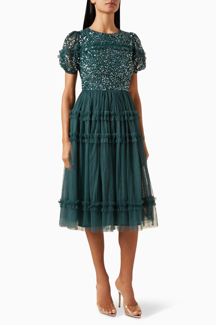 

Sequin-embellished Ruffle Midi Dress, Green
