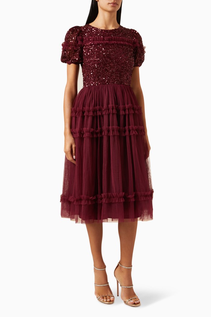 

Sequin-embellished Ruffle Midi Dress, Red