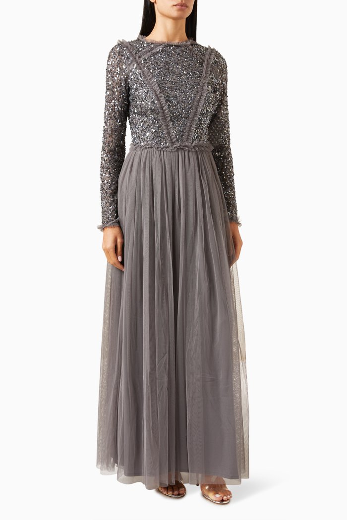 

Sequin-embellished Ruffle Maxi Dress, Grey