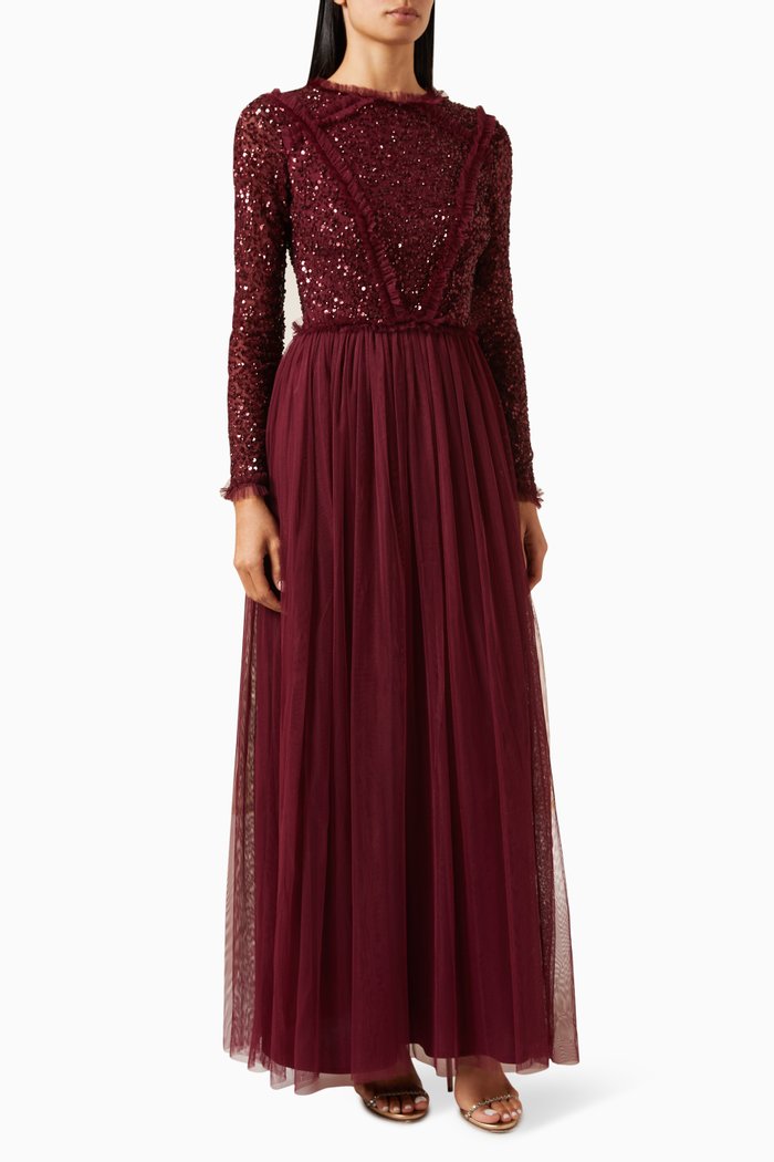 

Sequin-embellished Ruffle Maxi Dress, Red