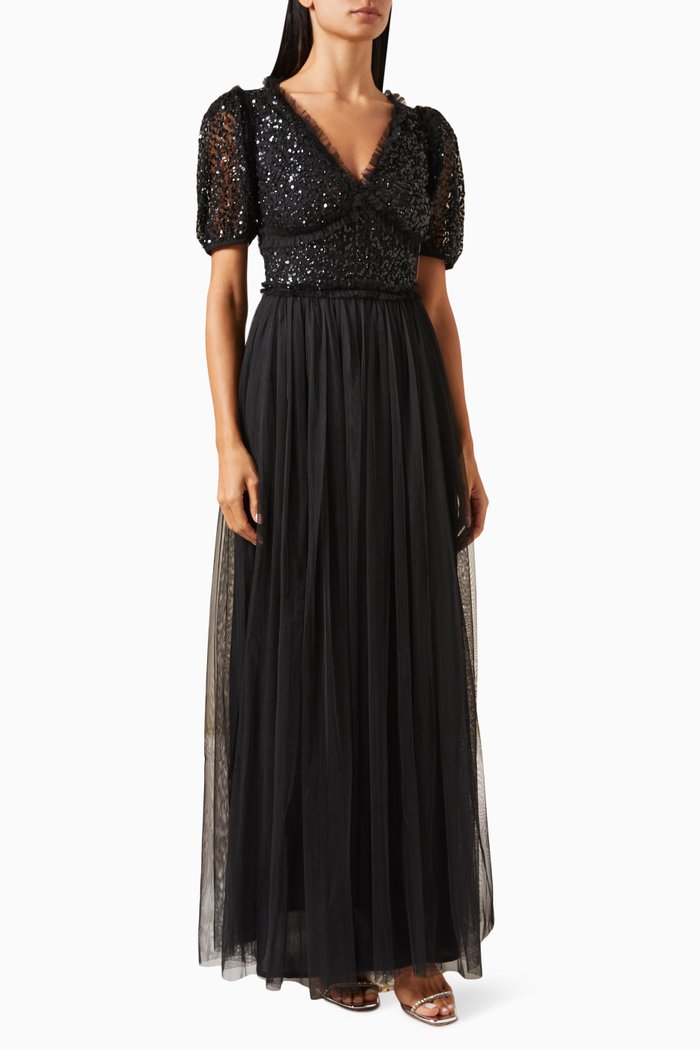 Sequin-embellished Puff-sleeves Maxi Dress, Black