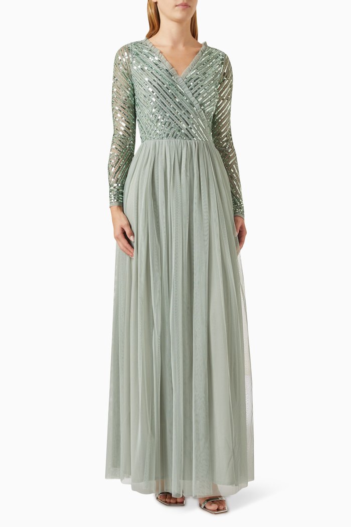 

Sequin-embellished Frilled Maxi Dress, Green
