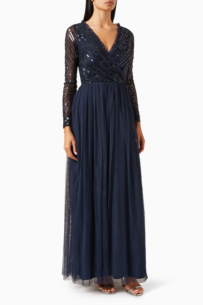 

Sequin-embellished Frilled Maxi Dress, Blue