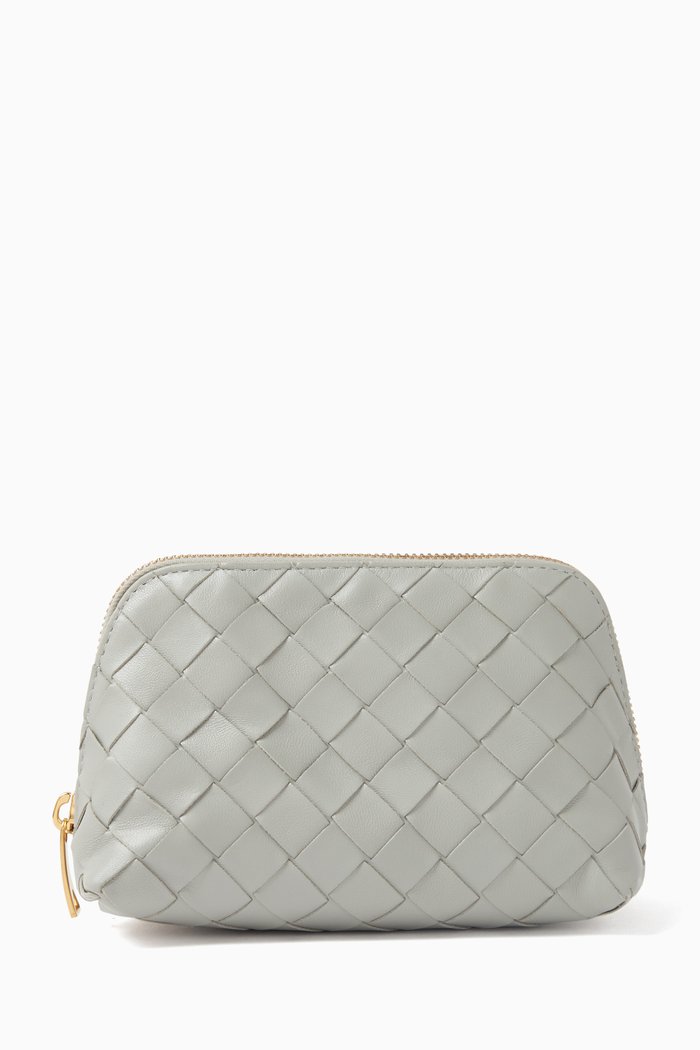 Beauty Pouch in Intrecciato Leather, Grey