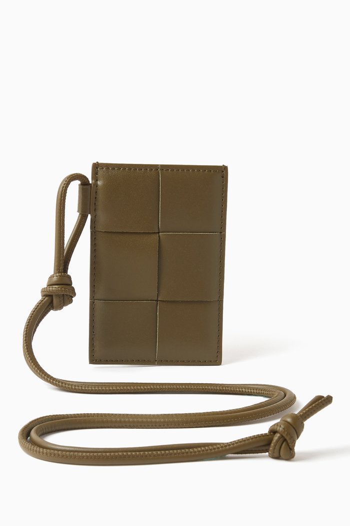 

Cassette Badge Holder in Intreccio Leather, Brown