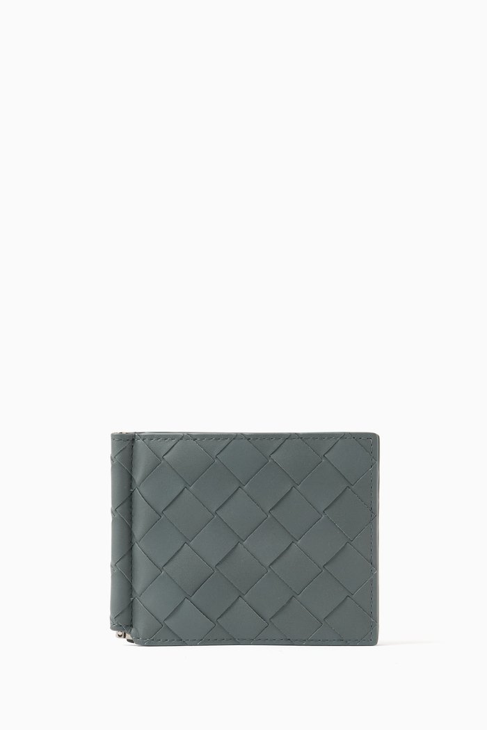 

Bill Clip Wallet in Intrecciato Leather, Grey