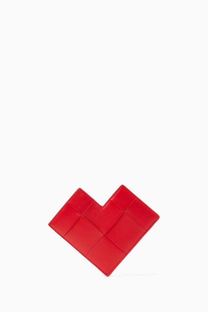 

Cassette Heart Card Case in Intreccio Leather, Red