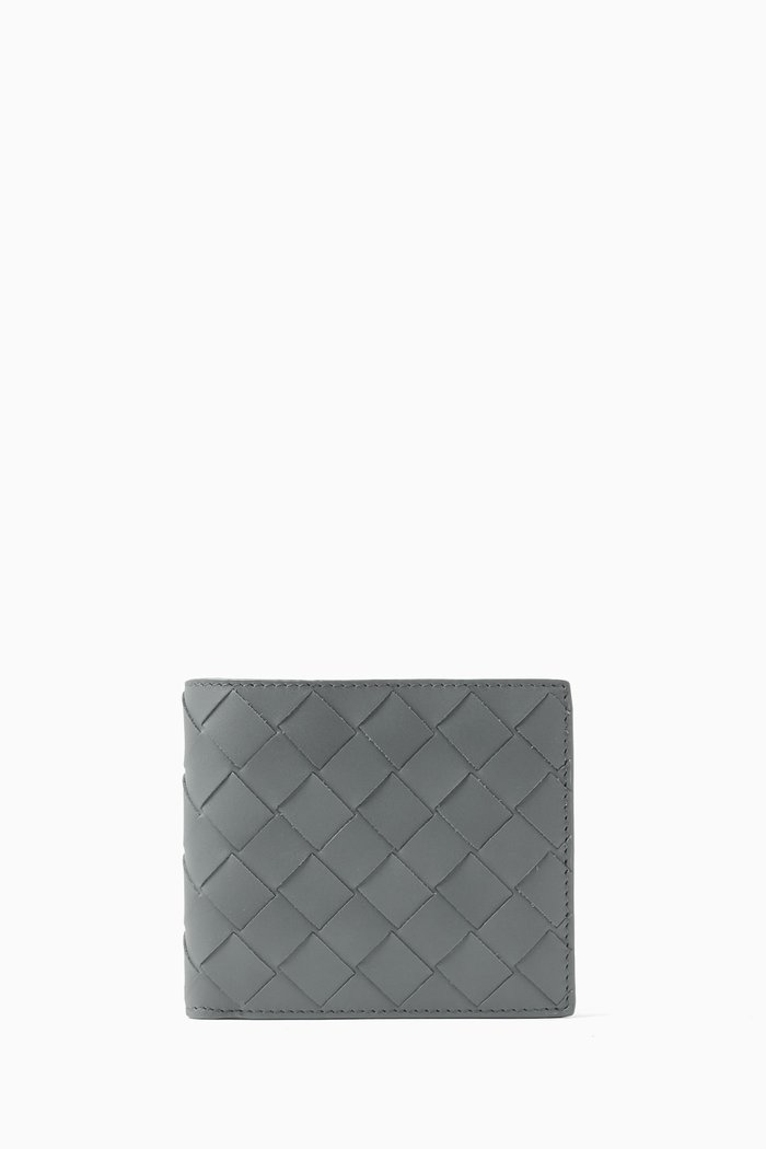 Bi-fold Wallet in Intrecciato Leather, Grey