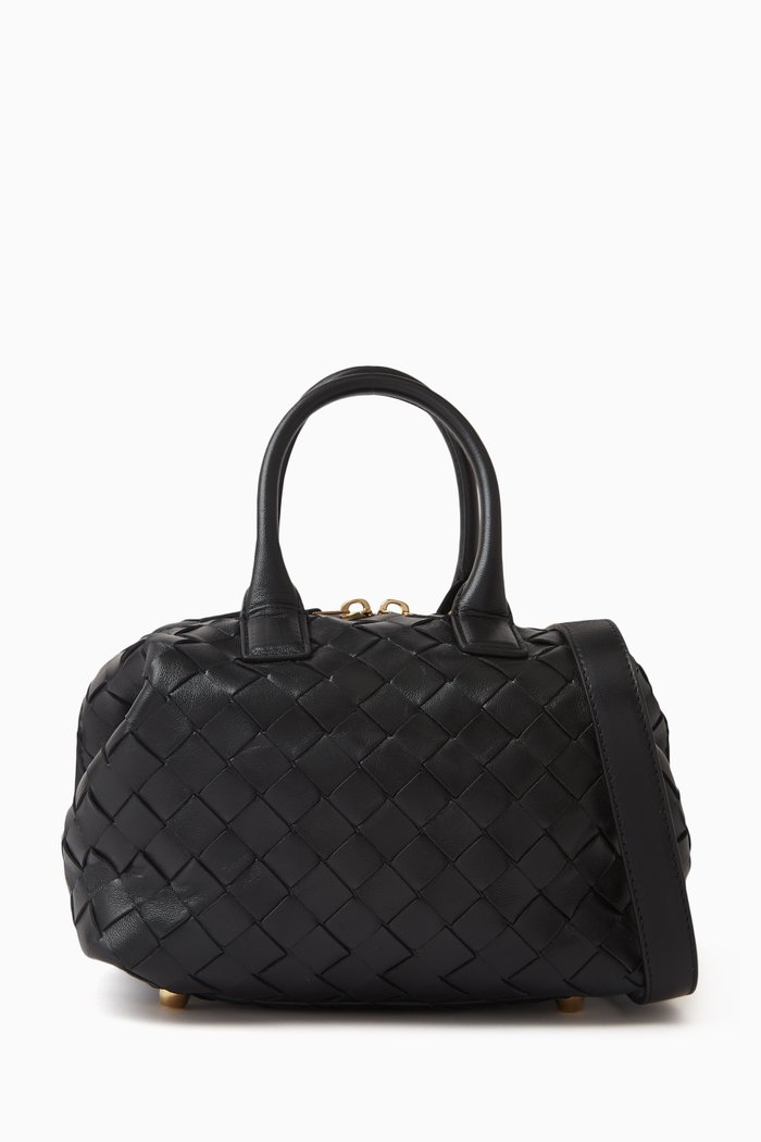 Mini Bauletto Bowling Bag in Intrecciato Leather, Black