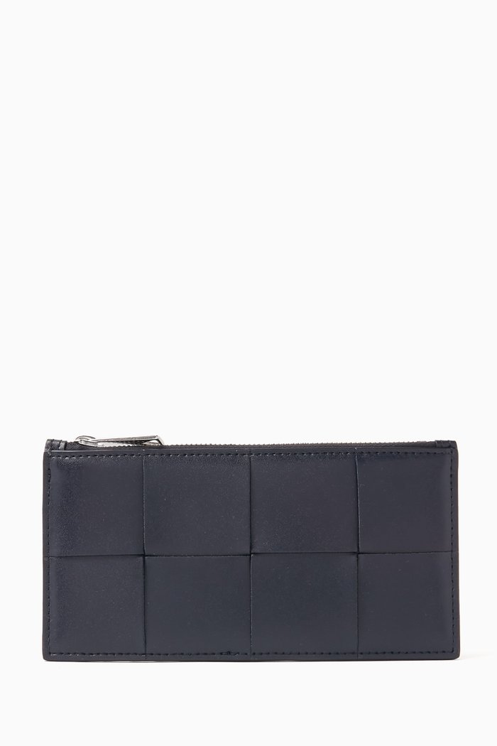 Cassette Long Zipped Card Case in Intreccio Leather, Blue