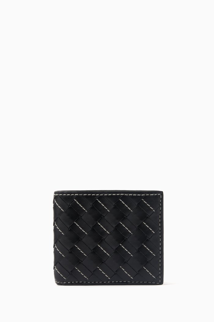 Bi-fold Wallet in Intrecciato Leather, Black