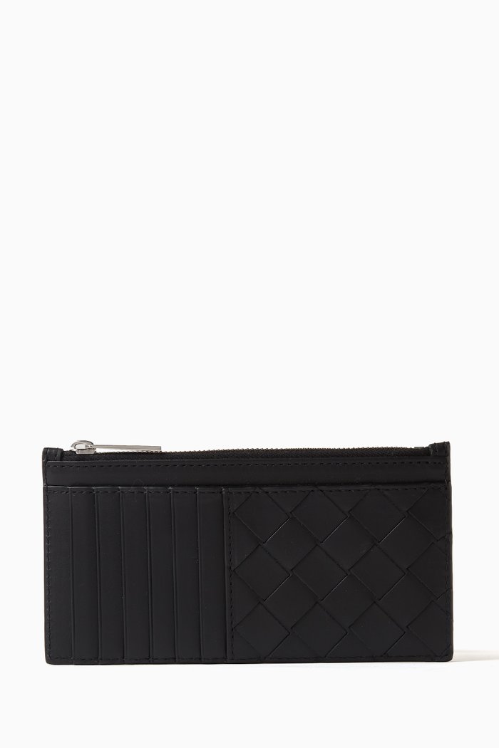 

Long Zipped Card Case in Intrecciato Leather, Black