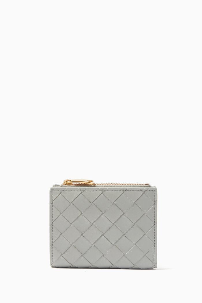 

Small Bi-fold Zip Wallet in Intrecciato Leather, Grey