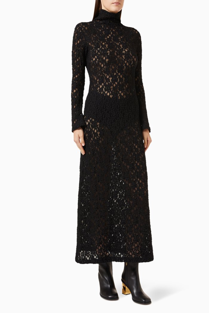 

Smocked Lace Maxi Dress in Cotton-Blend, Black