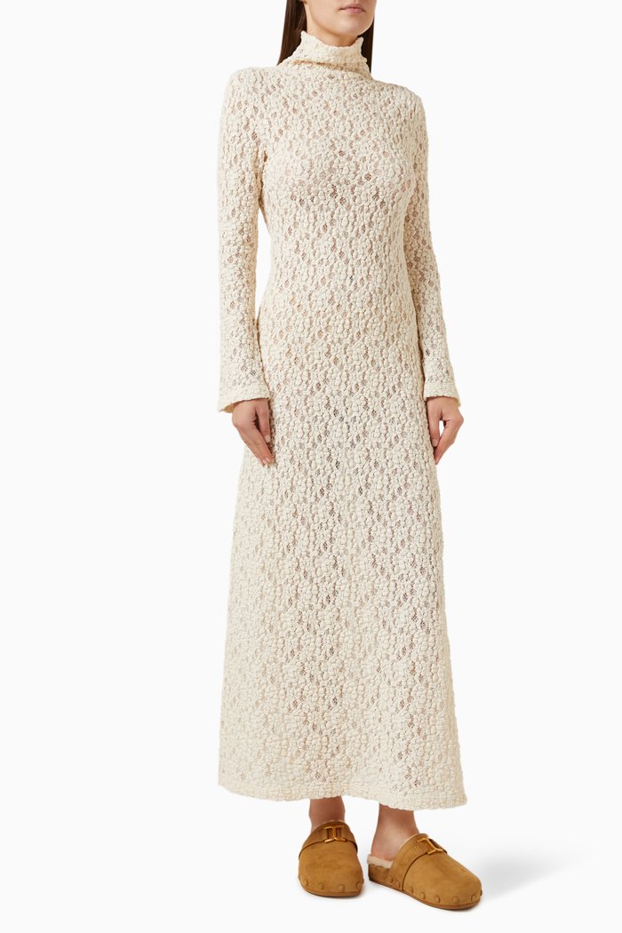 

Smocked Lace Maxi Dress in Cotton-Blend, White