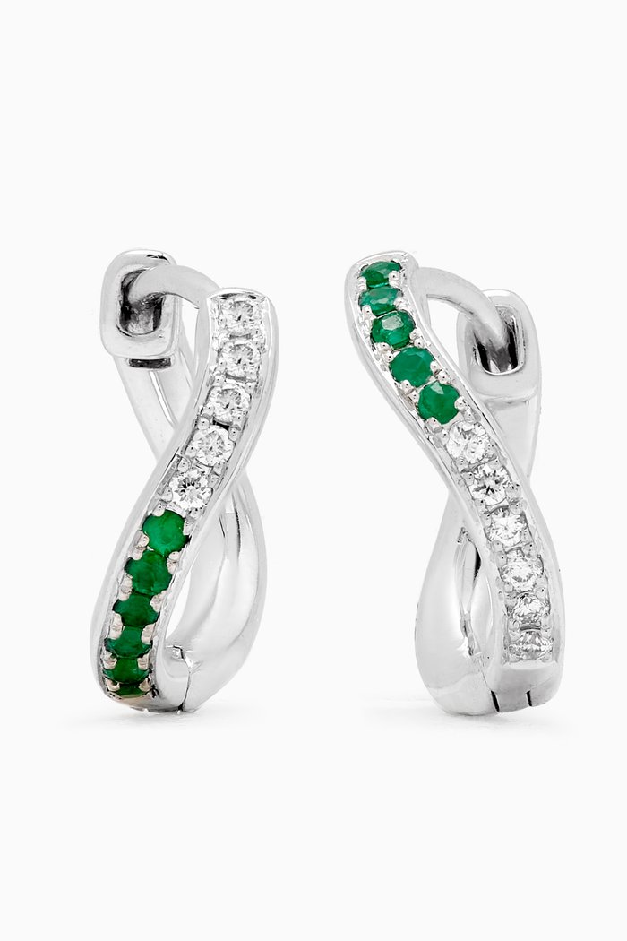 

Mini Infinity Diamond & Emerald Hoop Earrings in 18kt White Gold