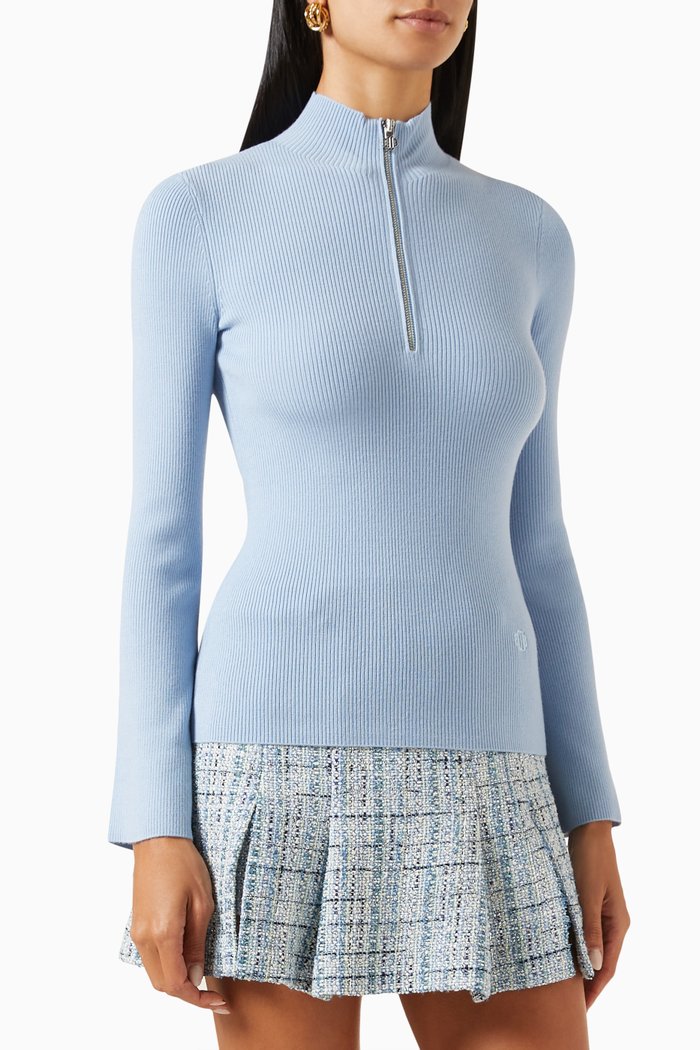 

High-neck Zip Sweater in Ribbed-knit, Blue