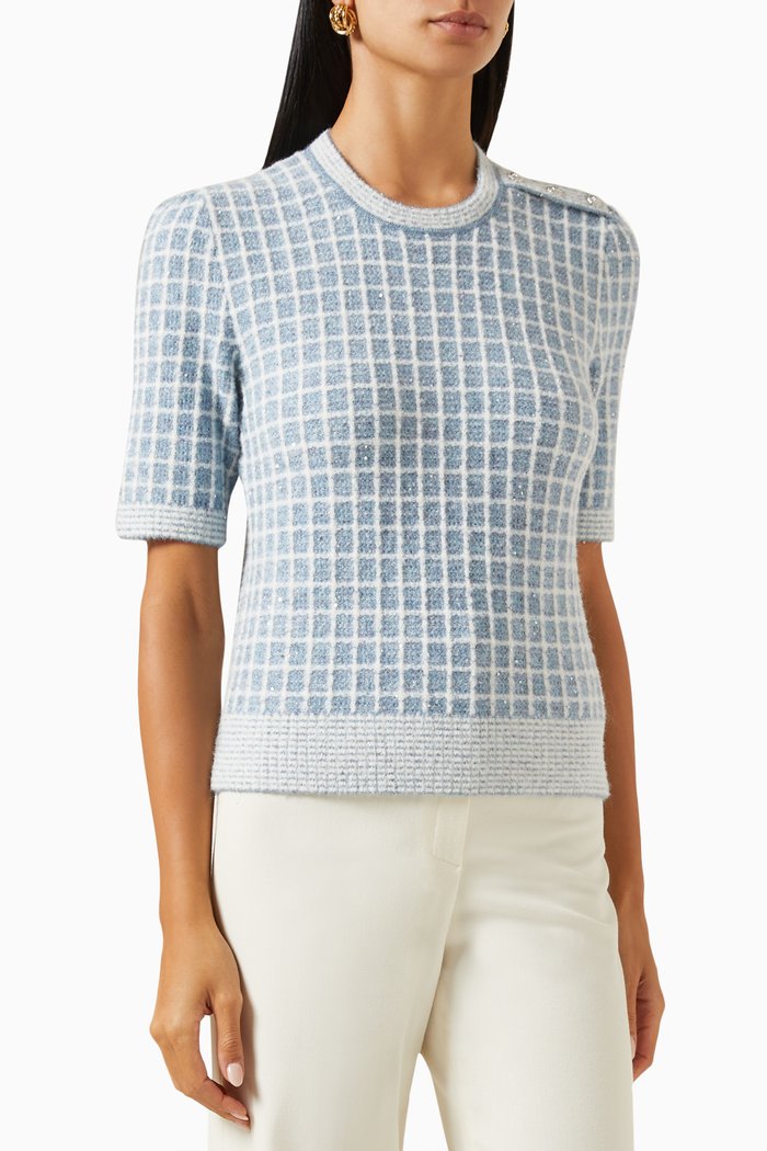 

Cropped Sweater in Checked-knit, Blue