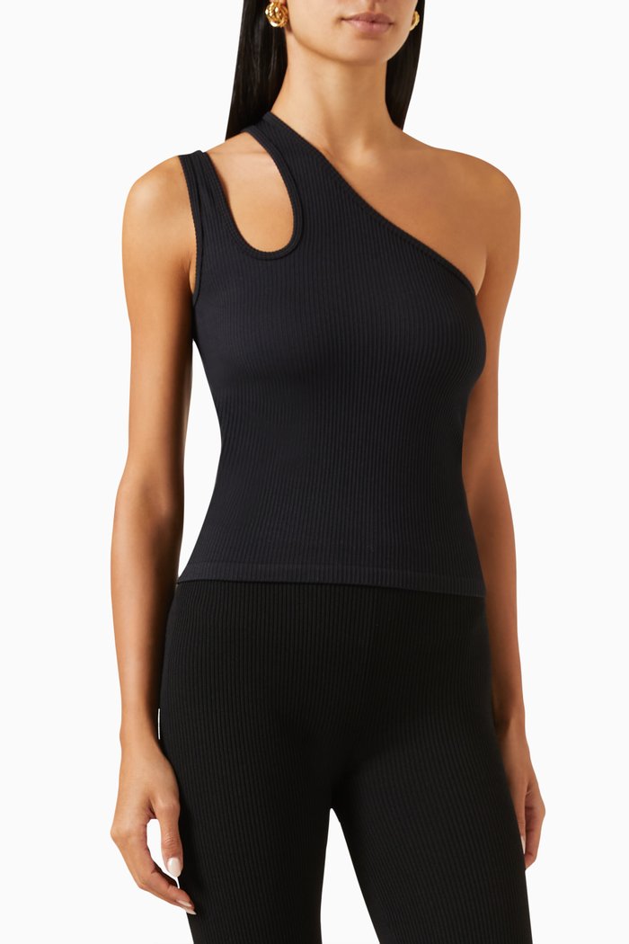 

One-shoulder Cut-out Top in Ribbed Knit, Black