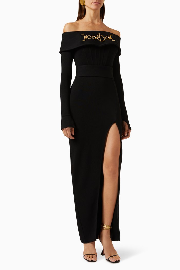 

Off-shoulder Maxi Dress in Rayon-knit, Black