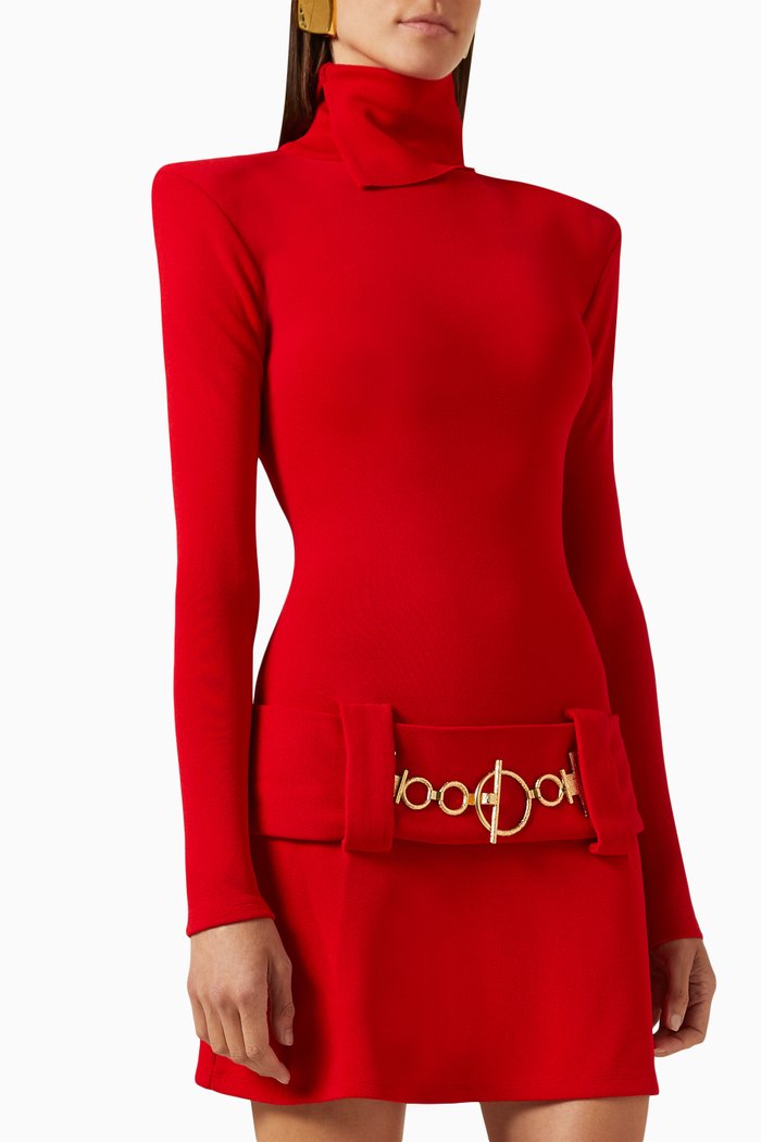 

High-neck Mini Dress in Rayon-knit, Red