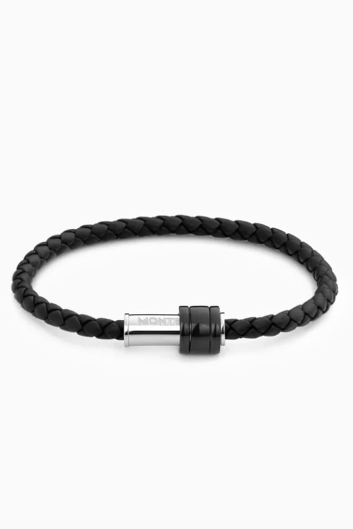 Bracelet in Woven Leather & Steel, Black