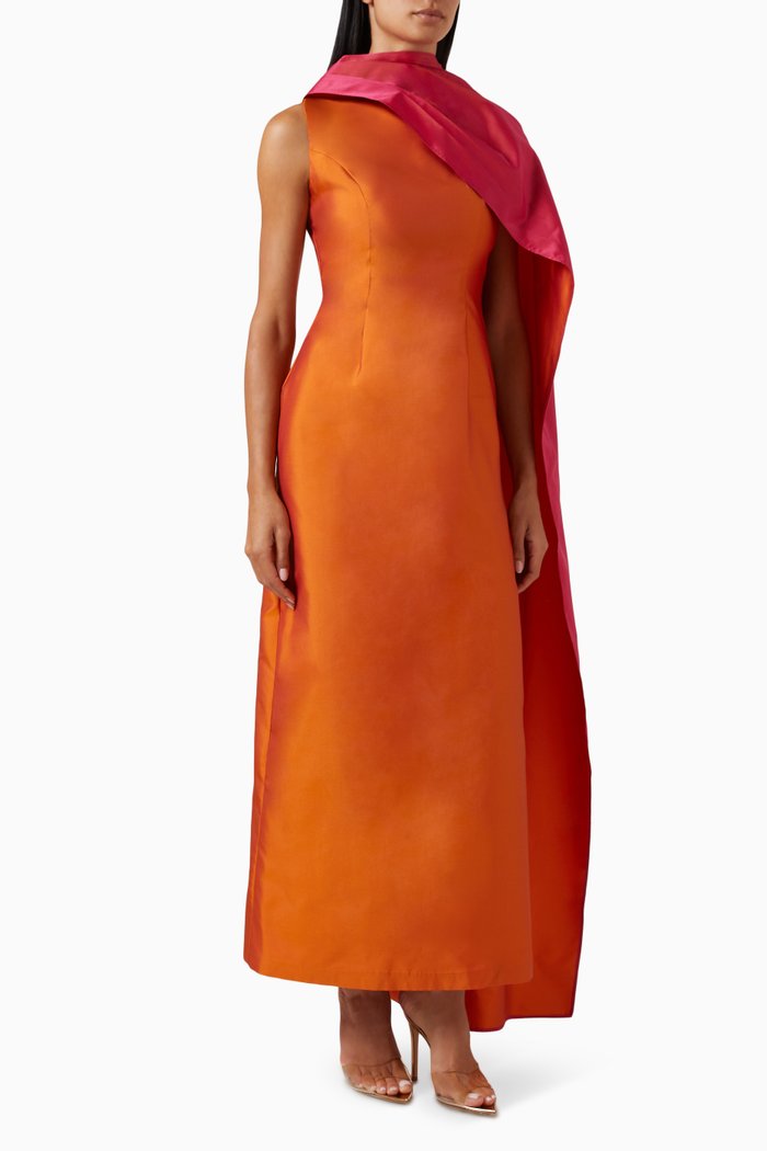 Two-tone Scarf Maxi Dress in Taffeta, Orange