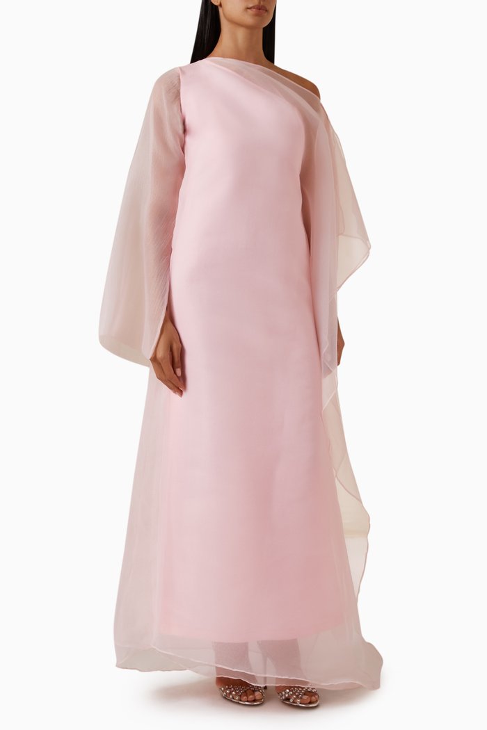 

Layered One-shoulder Maxi Dress in Satin & Organza, Pink