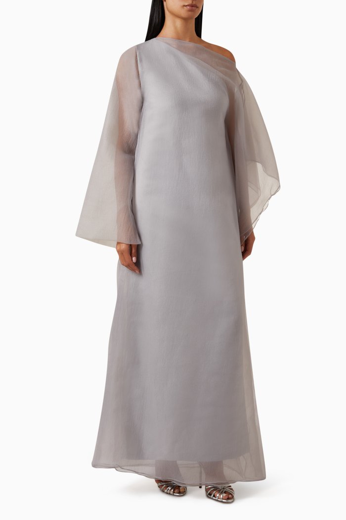 

Layered One-shoulder Maxi Dress in Satin & Organza, Silver