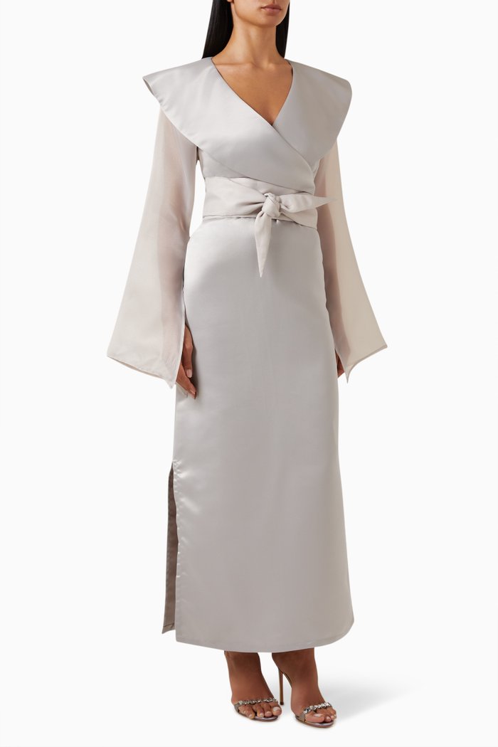 

Oversized Collar Belted Maxi Dress in Taffeta, Grey
