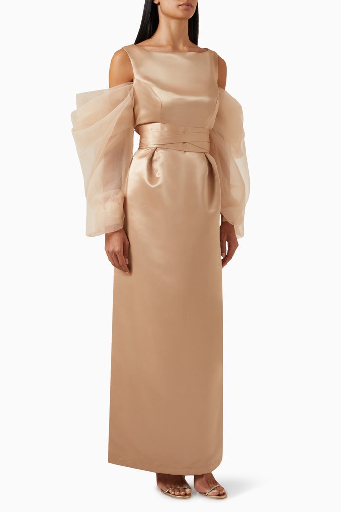 

Oversized Sleeves Maxi Dress in Bridal Satin, Gold