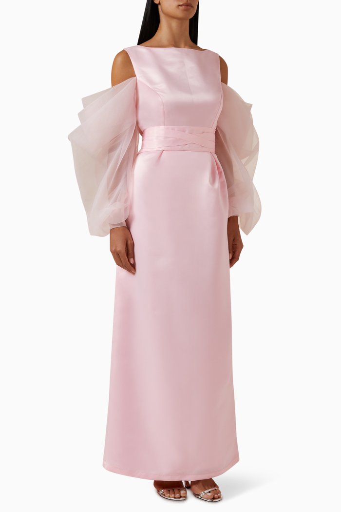 

Oversized Sleeves Maxi Dress in Bridal Satin, Pink