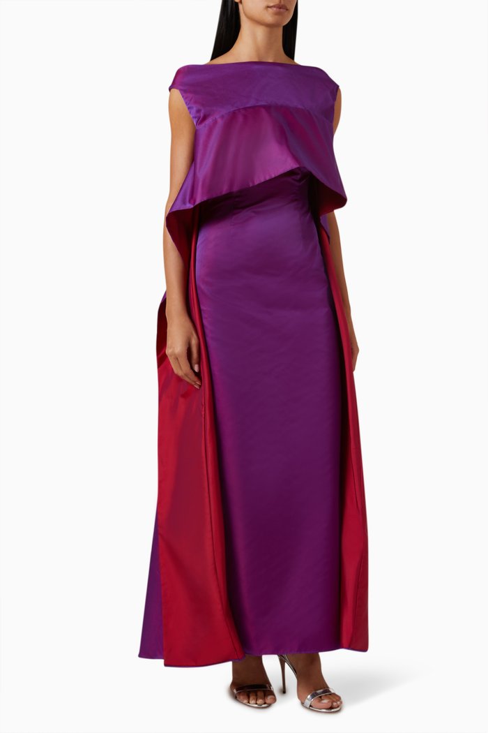 Colour-block Ruffle Maxi Dress in Taffeta, Purple