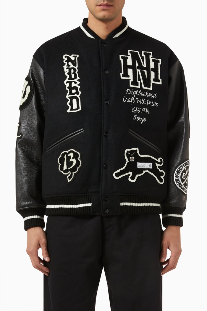 

Stadium Jacket in Wool & Leather, Black