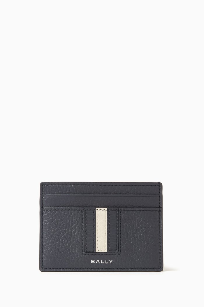 

Logo Stripe Cardholder in Grained Leather, Blue