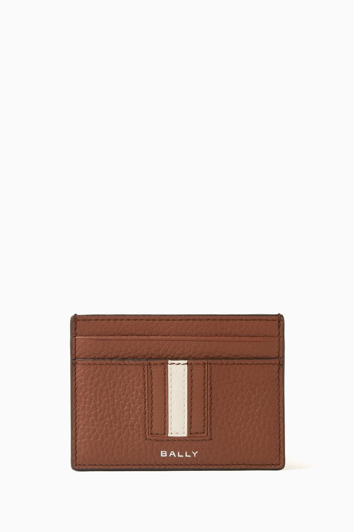 

Logo Stripe Cardholder in Grained Leather, Brown