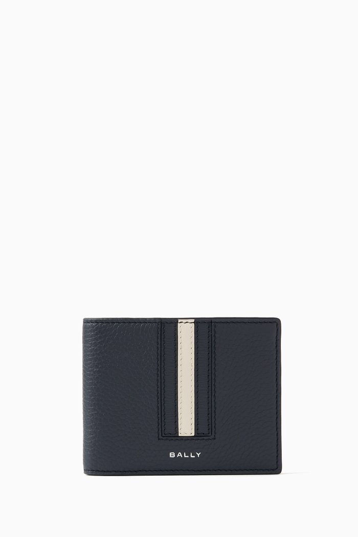 

Logo Stripe Bi-fold Wallet in Leather, Blue