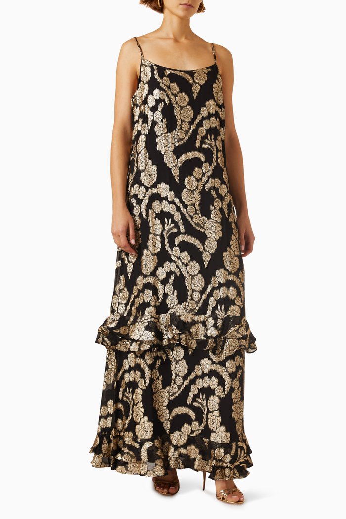 

Strap Maxi Dress in Brocade Georgette, Black
