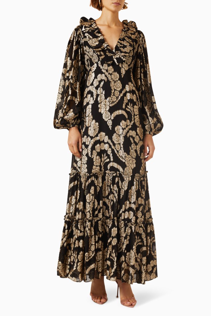 

Ruffled Maxi Dress in Brocade Georgette, Black