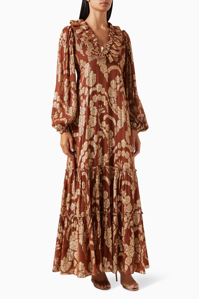 

Ruffled Maxi Dress in Brocade Georgette, Brown